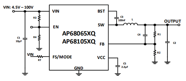 Application Circuit Diagram - Diodes Incorporated AP68065xQ/AP68105xQ Synchronous Buck Converters